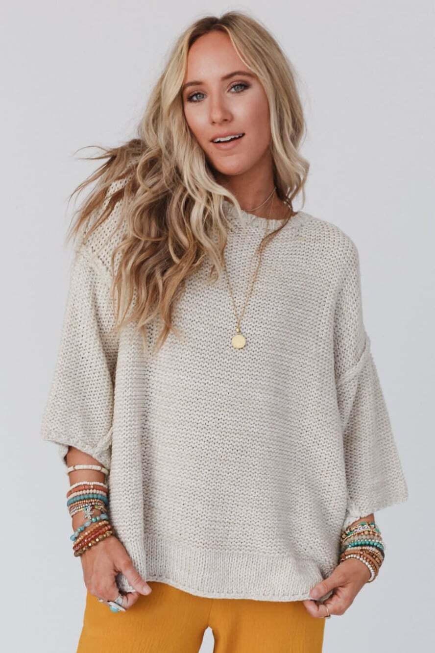Three Bird Nest Crisp Air Sweater Beige Oversized Boho Chunky Knit M/L